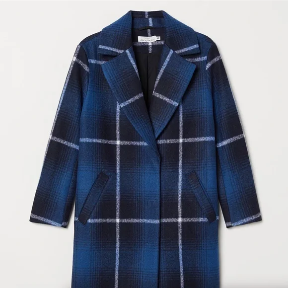 H&M Felted Oversized Coat Check Plaid Dark Blue Size M Bloggers' Favorite - Picture 2 of 15